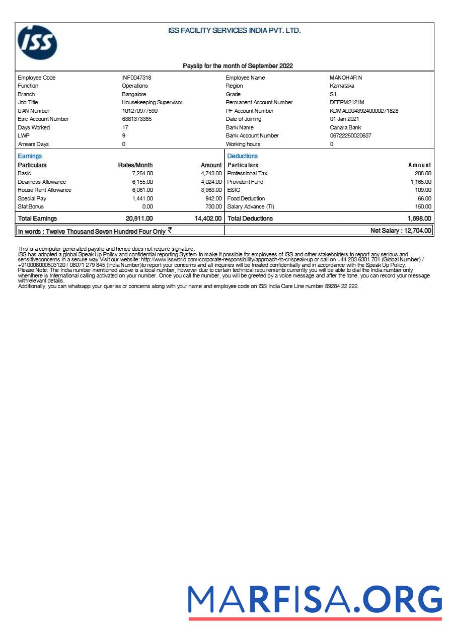 Downloadable ISS facility services India payslip template